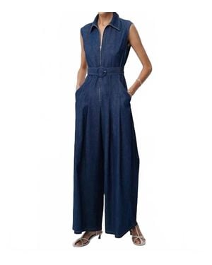 Exquise Keith Sleeveless Front Zipper Belted Denim Jumpsuit - Blue