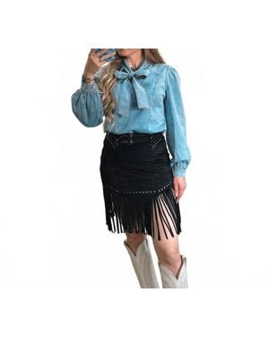 Rock & Roll Denim The Studded Fringe Buckle Skirt - Blue