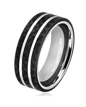 Crucible Jewelry Crucible Los Angeles Stainless Steel Carbon Fiber Striped Comfort Fit Ring - Black