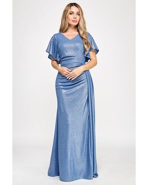 TRUEDAMES Metallic V-Neck Flutter Sleeve Evening Gown With Ruched Waist And High Slit Formal Dress - Pink