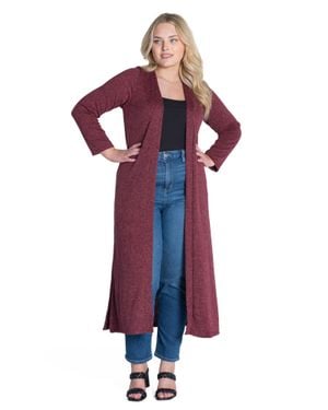 24seven Comfort Apparel Plus Size Long Duster Open Front Knit Cardigan - Red
