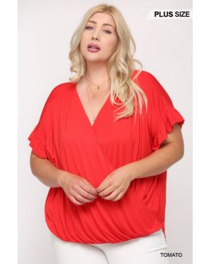 TRUEDAMES Solid Viscose Knit Surplice Top With Ruffle Sleeve - Red