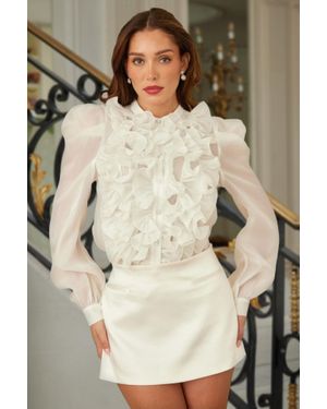 TRUEDAMES Ruffle Micro Crystal Long Sleeve Blouse - Natural