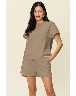 TRUEDAMES Full Size Texture Short Sleeve T-Shirt And Drawstring Shorts Set - Natural