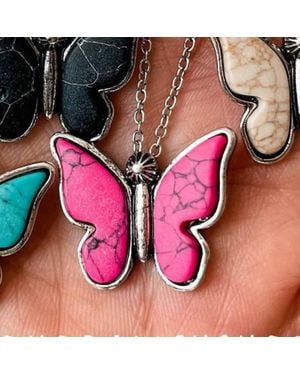 Boho Ranch Butterfly Stone Pendant Choker Necklace - Pink