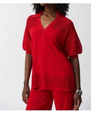 Joseph Ribkoff Sweater Knit V-Neck Puff Sleeve Top - Red