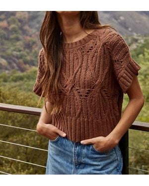 Urban Daizy Knit Sweater Crochet Round Neck Short Sleeve Top - Brown