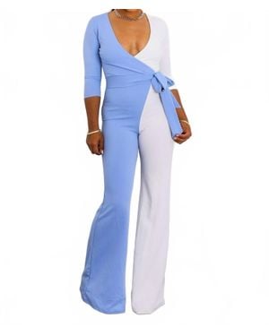 SurelyMine Sky & Ivory Colorblock Wrap Jumpsuit - Blue