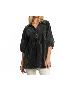 Umgee Half Button Down Corduroy Tunic - Black