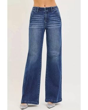 Risen High Rise Wide Leg Slanted Pocket Jeans - Blue