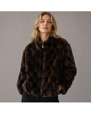 TRUEDAMES Checkered Box Faux Fur Bomber Jacket - Black