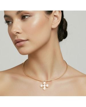 Fashnzfab Pearl Cluster Cross Pendant Collar Necklace - Brown