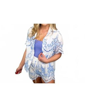 Main Strip Ocean Days Cotton Short Sleeve Eyelet Embroidery Top - Blue
