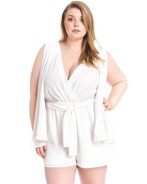 TRUEDAMES Shimmer Fabric Draped Open Sleeve Romper - White