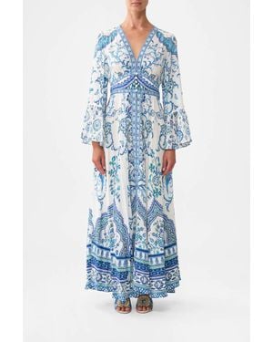 CAMILLA Shaped Waistband Dress With Ruffle Sleeve - Blue