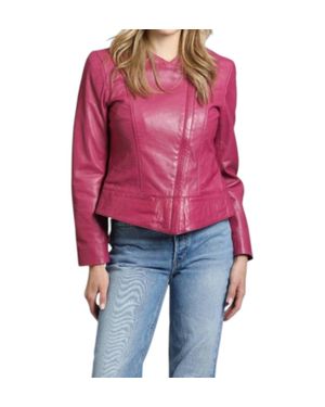 11 Uptown Cropped Collarless Lamb Leather Zip Up Jacket - Red
