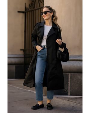TRUEDAMES Solid Long Sleeve Trench Coat - Black
