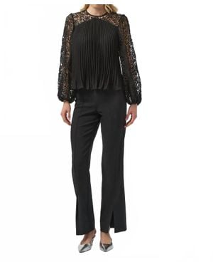 Joseph Ribkoff Pleated Crew Neck Long Lace Puff Sleeves Top - Black
