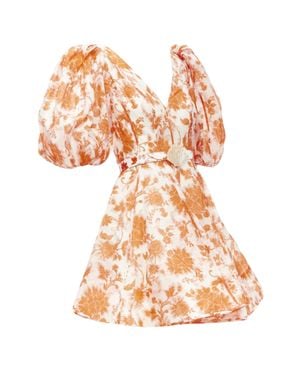 Zimmermann 2022 Runway Postcard Floral Linen Seashell Belt Dress Aus0 Xs - Orange