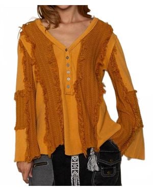 Pol Flare Sleeve Contrast Panels V-Neck Knit Top - Orange