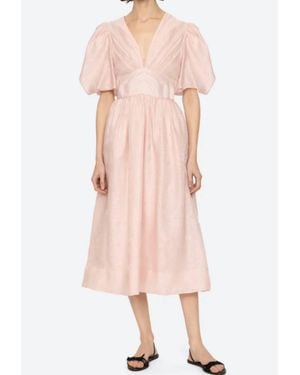 Sea Florence Embossed Puff Sleeve Midi Dress - Pink