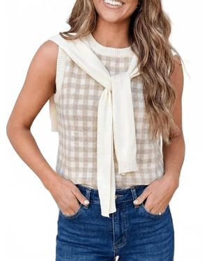 Faire Plaid Knit Detachable Shawl Wrap Sweater Tank Top - White