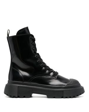 Hogan Polished Leather Side Zip Ankle Boots - Black