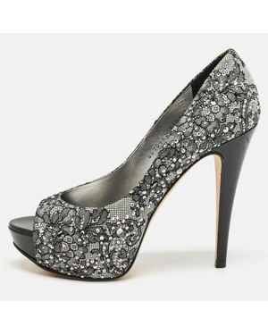 Gina Lace Crystal Embellished Open Toe Platform Pumps - Gray