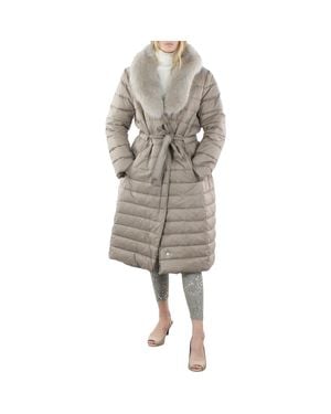 Tahari Faux Fur Trim Cold Weather Quilted Coat - Gray