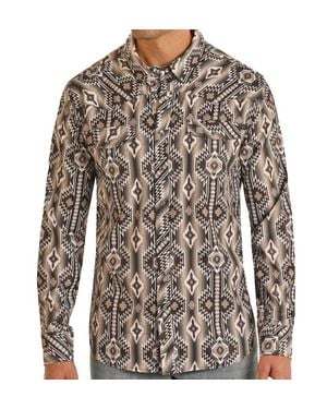 Panhandle Tek Western Aztec Print Long Sleeve Snap Shirt - Brown