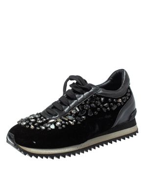 Le Silla Velvet And Leather Crystal Embellished Low Top Sneakers - Black