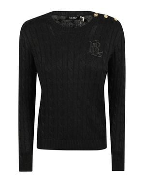 Ralph Lauren Cable-Knit Cotton Button-Placket Sweater - Black
