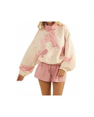 Veveret Textured Contrast Printed Quarter Zip Sweater - Pink