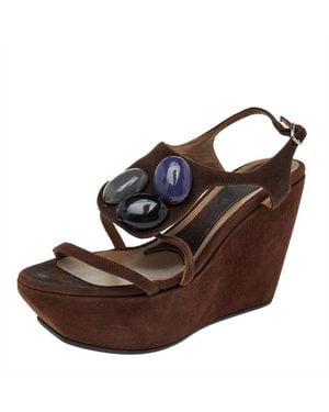 Marni Suede Embellished Wedge Platform Ankle Strap Sandals - Brown