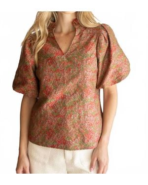 Voya Ruffle Collared Jacquard Abstract Print Blouse - Brown