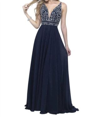 Blush Prom Metallic Chiffon Deep V-Neck Evening Dress - Blue
