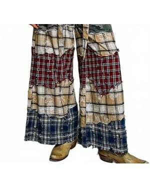 Pol Asymmetrical Patchwork Buckle Back Detail Woven Pants - Blue