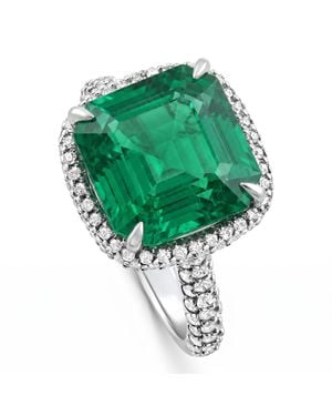 Pompeii3 5.50Ct Tw Emerald Asscher Cut & Pave Diamond Ring 14K Lab Grown Size: 6 - Green