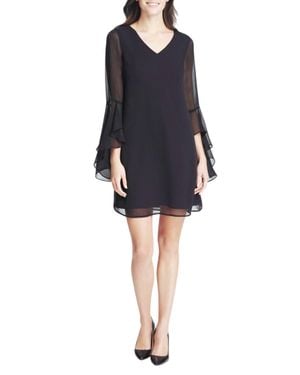 Kensie Unlined Chiffon Sleeve High Low Cuff Ruffle Detail V-Neck Shift Dress - Black