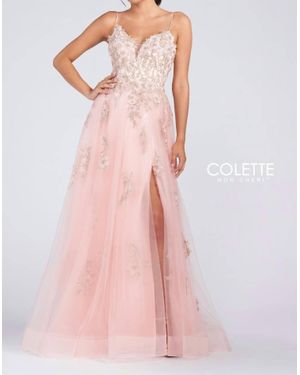 Colette By Daphne Tulle Ball Prom Gown With Slit - Pink