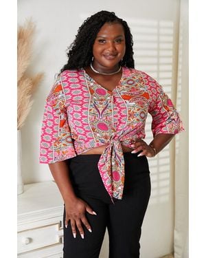 TRUEDAMES Tie Hem V-Neck Three-Quarter Sleeve Blouse - Pink