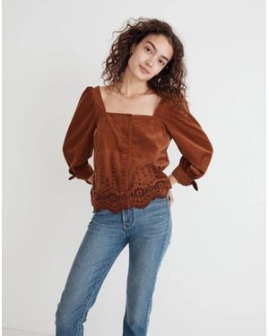 Madewell Top Corduroy Embroidered Eyelet Tie Sleeve Erk977 - Blue