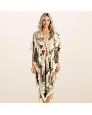TRUEDAMES Lightweight Abstract Pattern Print Satin Feel Kimono Style Long Cover Up Poncho - Metallic