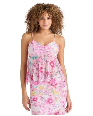 Steve Madden Top Hydrangea Floral Handkerchief Hem Blouse Pall359 - Pink