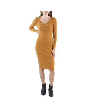 DKNY Henley Neckline Long Sleeve Midi Dress - Metallic