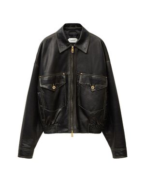 Versace Cropped Lamb Skin Leather Jacket With Flap Pockets - Black