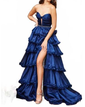 Ava Presley Tiered Ruffle Strapless Evening Gown - Blue