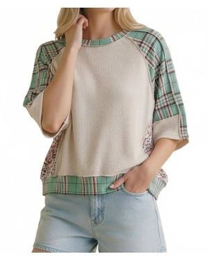 Haptics Oversized Plaid And Floral Color Block Top - Gray