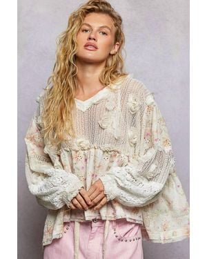 Pol V-Neck Balloon Sleeve Lace Top - Multicolor