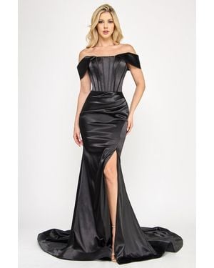 TRUEDAMES Off-Shoulder Satin Corset Gown With Thigh-High Slit, & Dramatic Train - Black